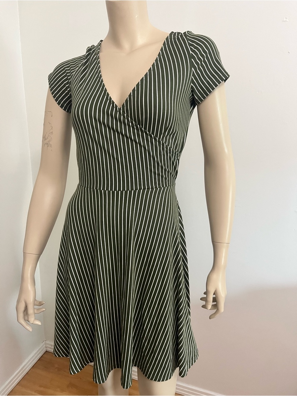 Rebel Sugar Olive Green & White Striped Wrap Skater Dress